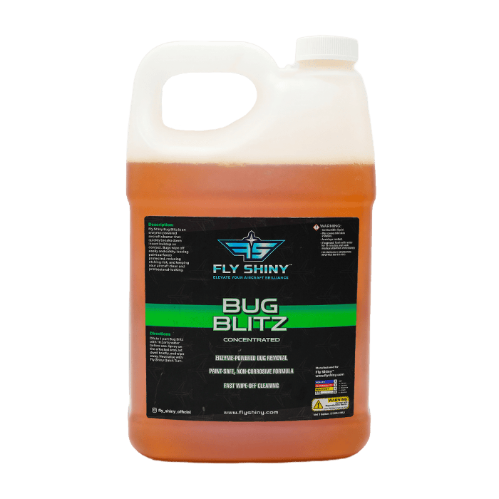 Fly Shiny Bug Blitz aircraft insect and bug residue remover concentrate, 1 gallon – dilutes 1:10 for enzyme-powered, no-scrub leading edge cleaning