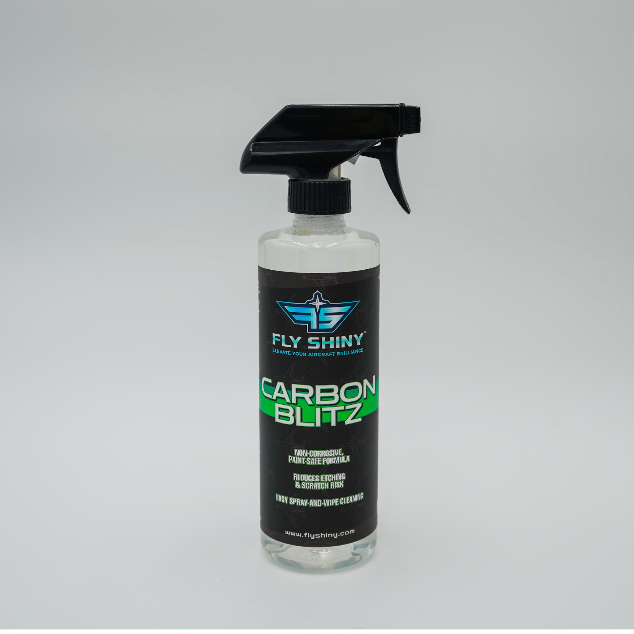 Fly Shiny Carbon Blitz 16 oz ready-to-use aircraft exhaust and carbon soot remover bottle, professional aviation-grade formula, non-corrosive and paint-safe.