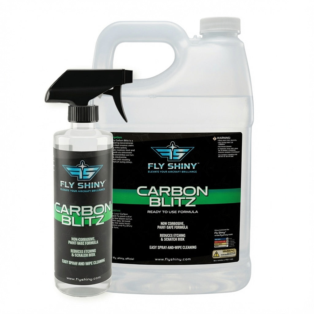 Fly Shiny Carbon Blitz aircraft exhaust and soot cleaner, available in 16 oz spray and 1 gallon ready-to-use sizes - Aircraft Detailing Product by Fly Shiny