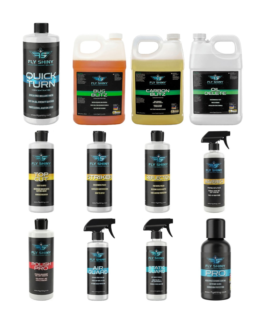Fly Shiny Complete Aircraft Detailing Pro System: all twelve products including Quick Turn concentrate, Bug Blitz, Carbon Blitz, Oil Delete, Top Cut, Striker, Reflection, Maverick, Polish Pro, Air Guard, Static Guard and Pro Ceramic Coating