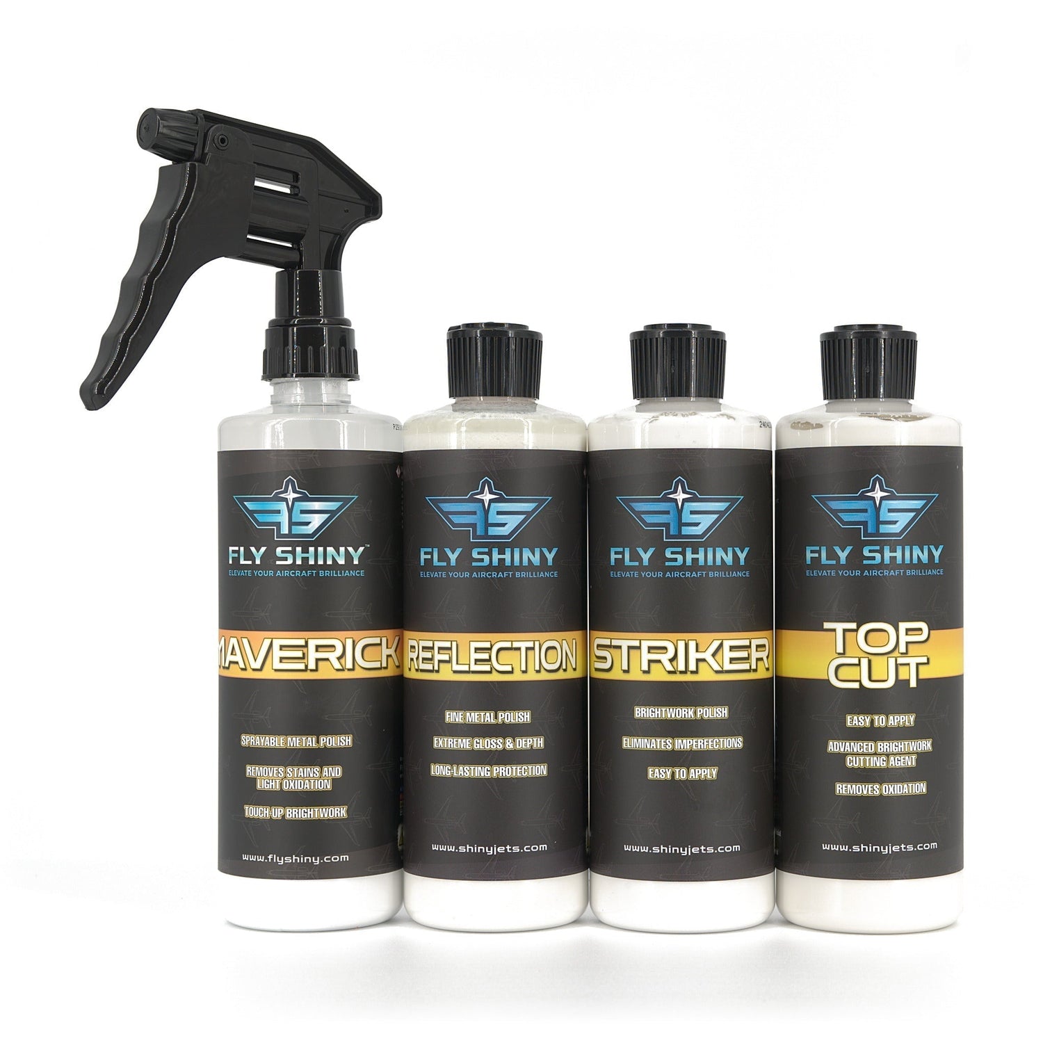 Fly Shiny Complete Brightwork Polishing System — Maverick, Reflection, Striker, and Top Cut aircraft aluminum metal polishes for full-stage brightwork restoration