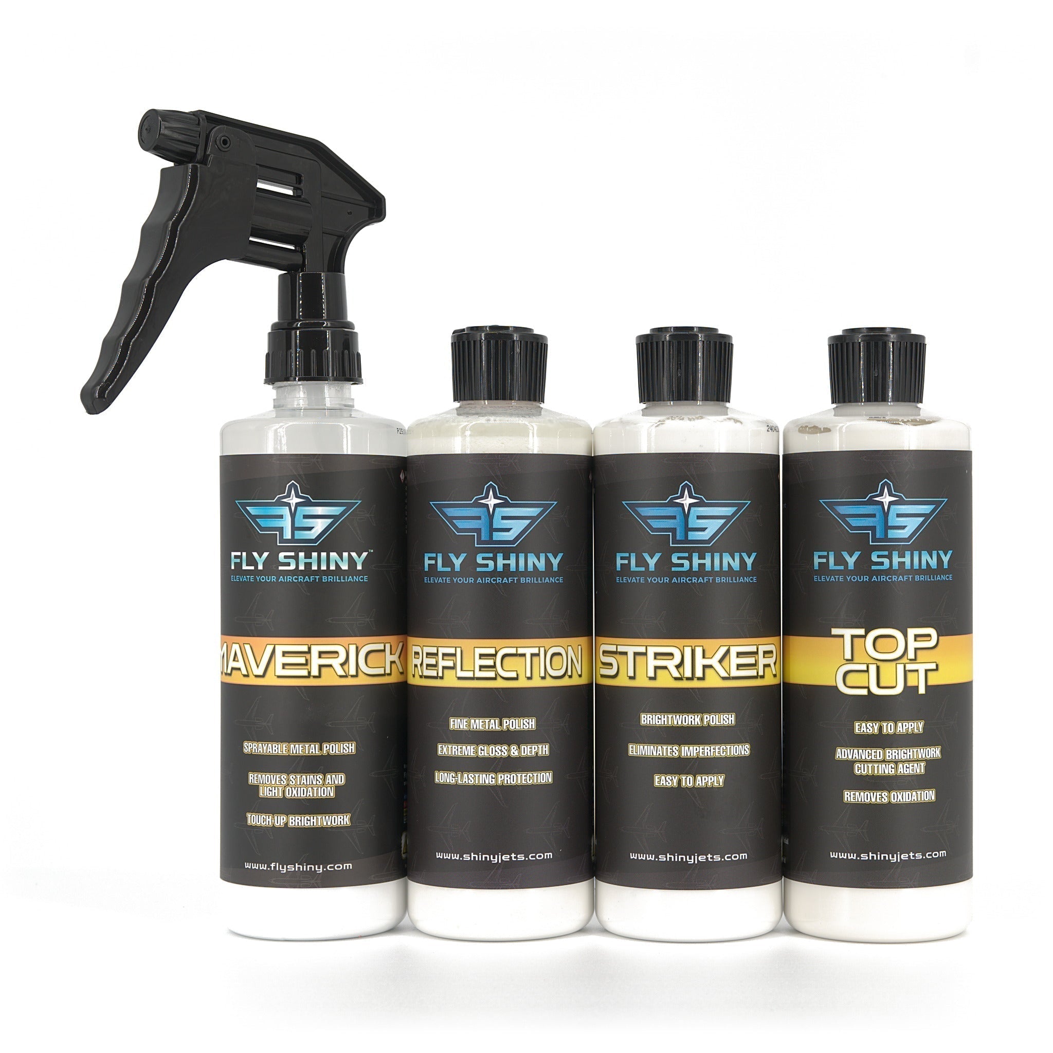 Fly Shiny Complete Brightwork Polishing System — Maverick, Reflection, Striker, and Top Cut aircraft aluminum metal polishes for full-stage brightwork restoration - Fly Shiny Aircraft Detailing Blog