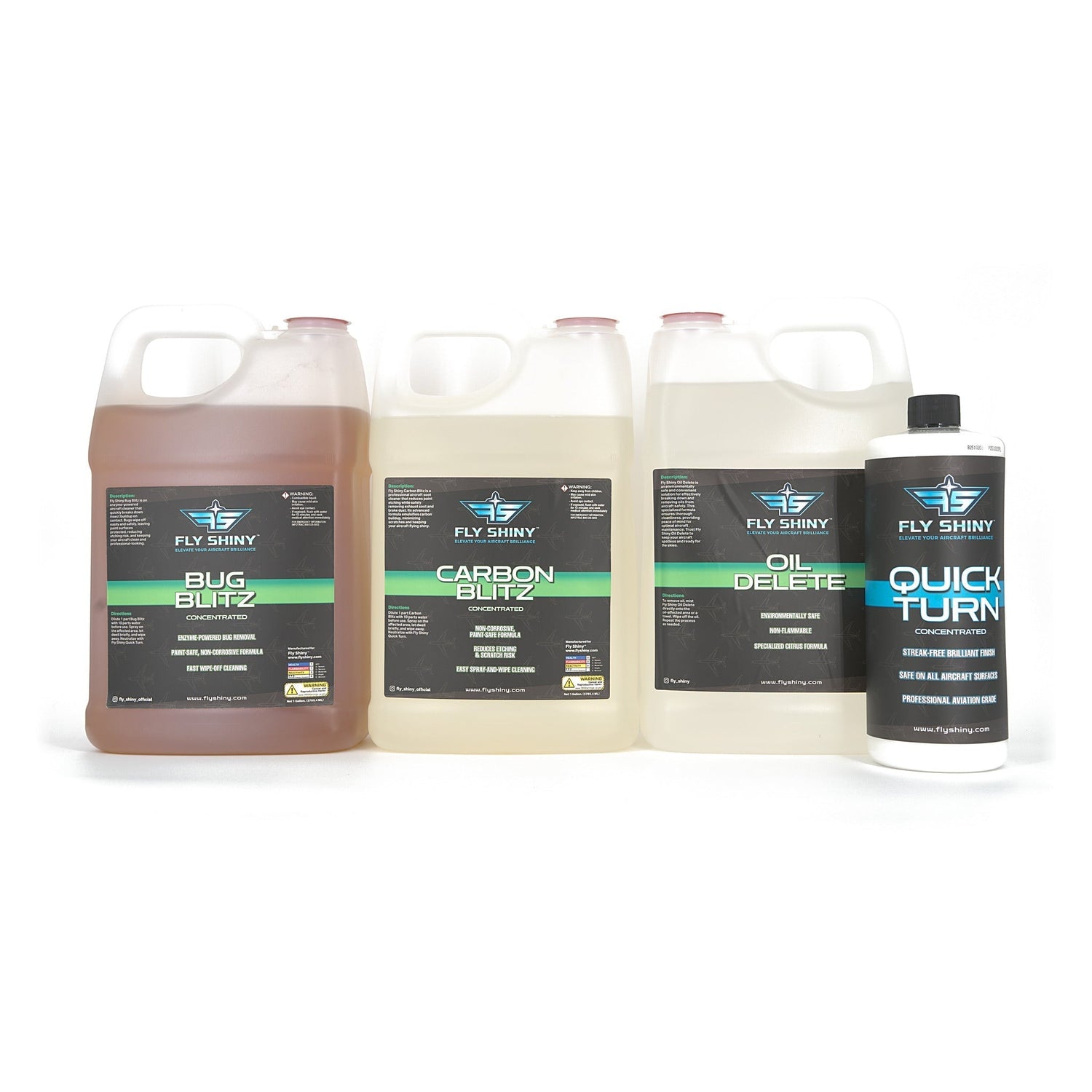 Fly Shiny Oil Delete, Bug Blitz, Carbon Blitz, and Quick Turn concentrates — aircraft degreaser, bug remover, soot cleaner, and waterless dry wash in one professional cleaning kit