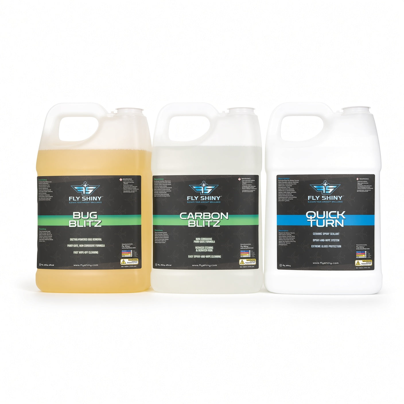 Fly Shiny Bug Blitz, Carbon Blitz, and Quick Turn 1-gallon jugs — ready-to-use aircraft bug removal, soot cleaning, and waterless dry wash bundle