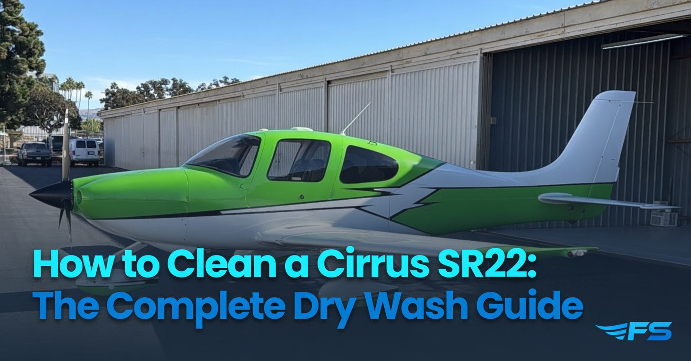How to Clean a Cirrus SR22: The Complete Dry Wash Guide – Bright green Cirrus SR22 aircraft (N160CP) parked on the ramp with Fly Shiny branding for professional aircraft dry wash and detailing - Fly Shiny Aircraft Detailing Blog