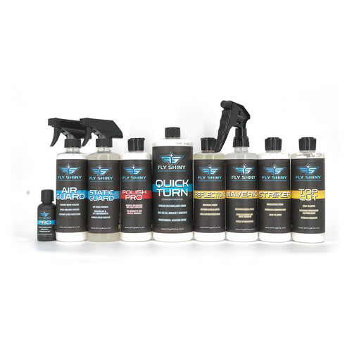 Fly Shiny Complete Brightwork Polishing System — Maverick, Reflection, Striker, and Top Cut aircraft aluminum metal polishes for full-stage brightwork restoration