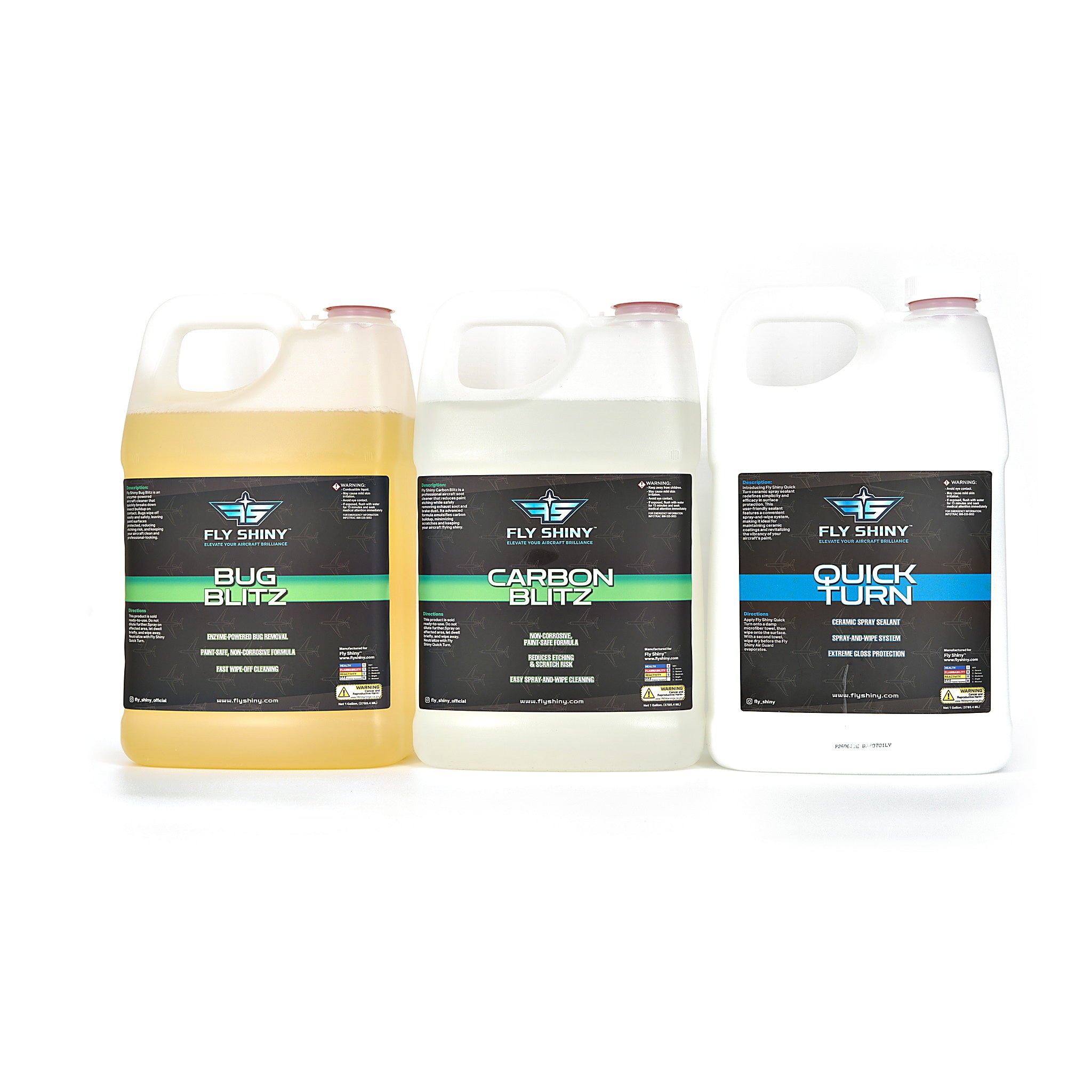 Fly Shiny Bug Blitz, Carbon Blitz, and Quick Turn 1-gallon jugs — ready-to-use aircraft bug removal, soot cleaning, and waterless dry wash bundle