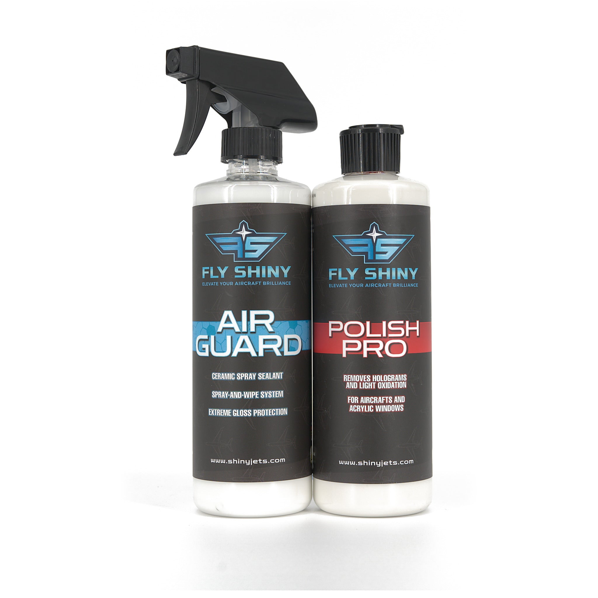 Fly Shiny Air Guard ceramic spray sealant and Polish Pro paint polish — hydrophobic UV protection and swirl remover for aircraft paint and gelcoat