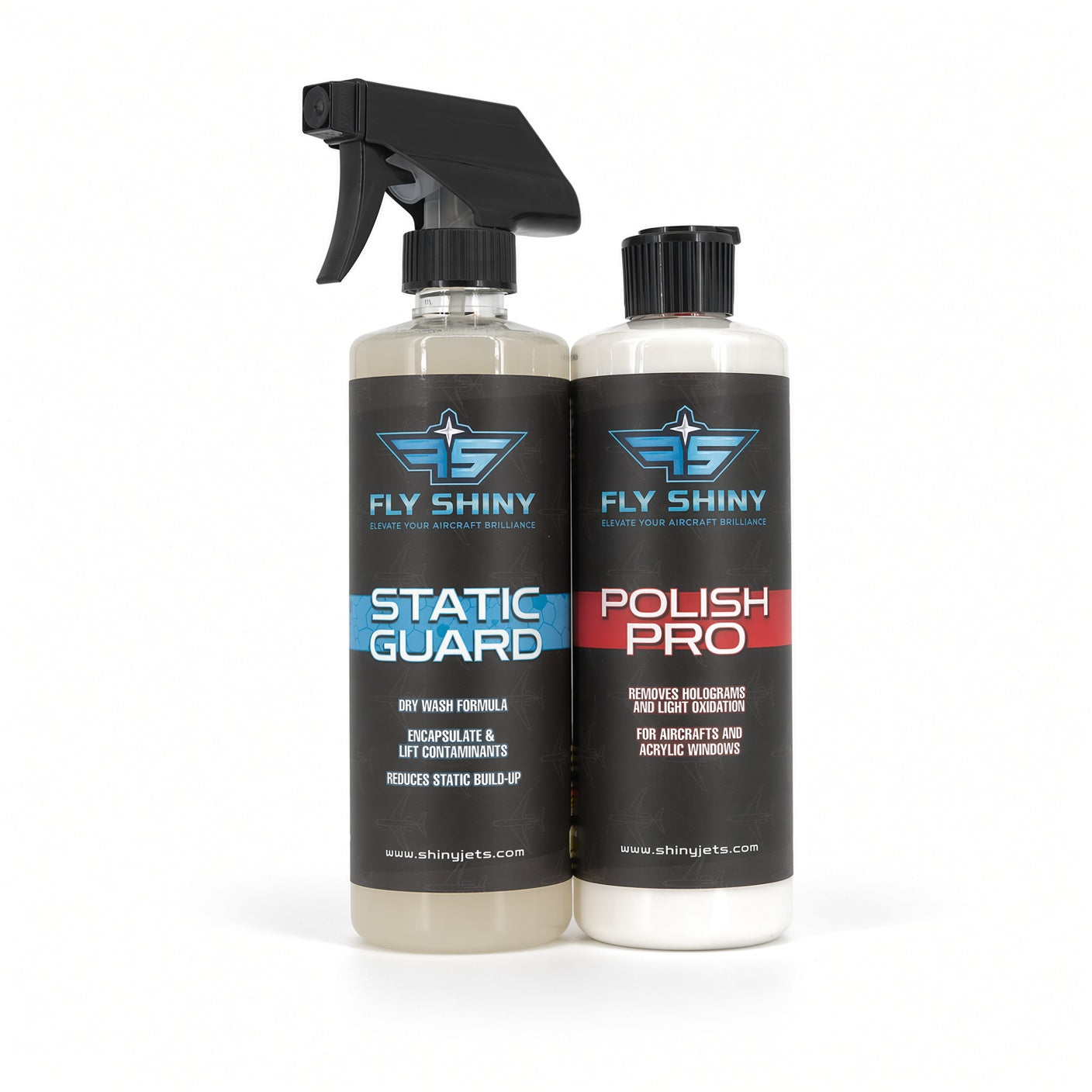 Fly Shiny Static Guard dry wash spray and Polish Pro hologram remover bottles for aircraft paint and acrylic window care