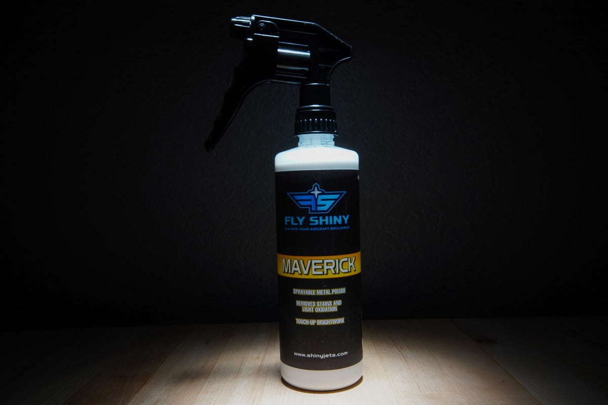 Fly Shiny Maverick Sprayable Metal Polish – Premium aviation luxury polish designed for effortless restoration and enhancement of metal surfaces, delivering a mirror-like shine and superior protection for aircraft