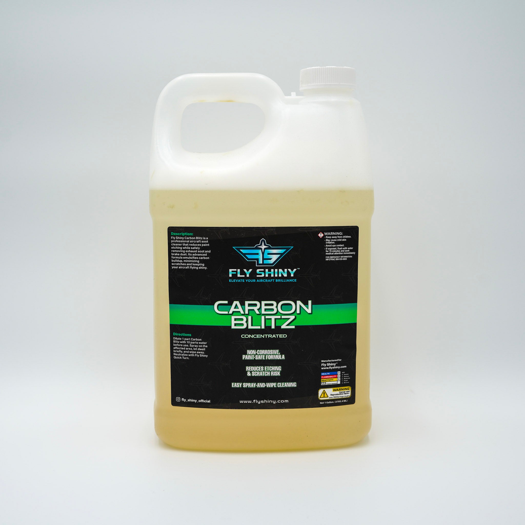 Fly Shiny Carbon Blitz 1 gallon concentrated aircraft exhaust and carbon soot remover — professional aviation-grade formula.