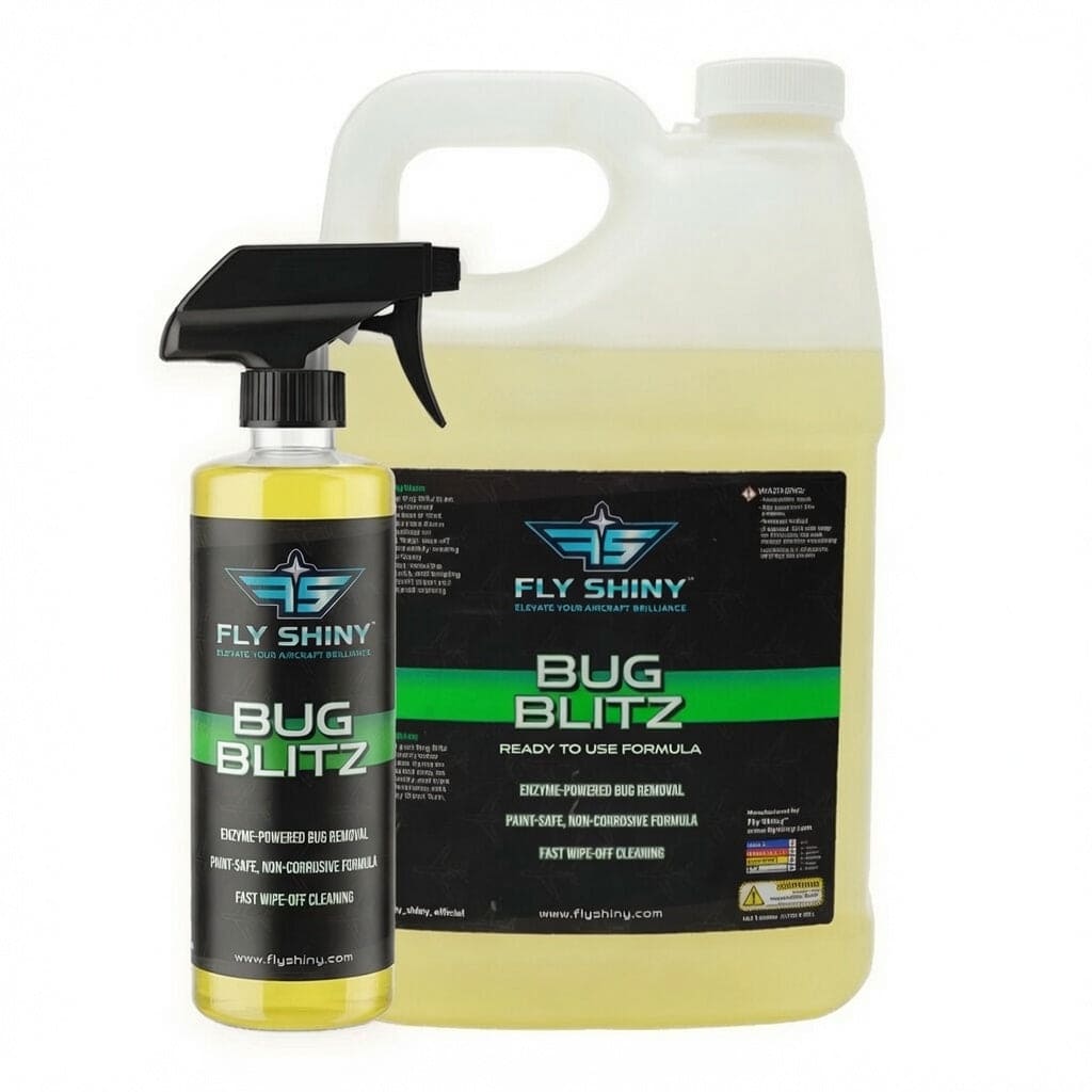 Fly Shiny Bug Blitz aircraft insect and bug residue remover, available in 16 oz spray and 1 gallon ready-to-use sizes - Aircraft Detailing Product by Fly Shiny