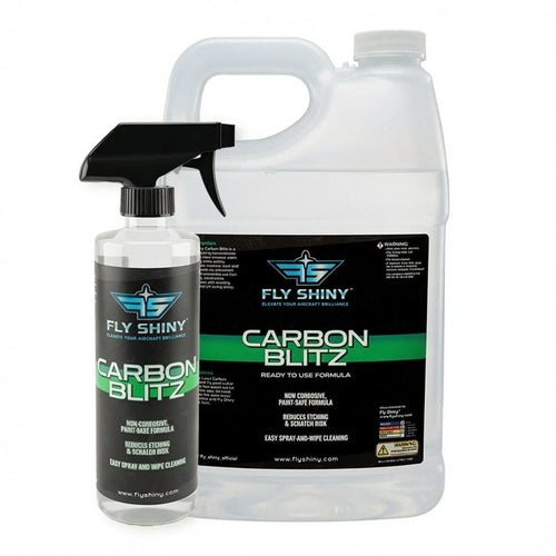 Fly Shiny Carbon Blitz aircraft exhaust and soot cleaner, available in 16 oz spray and 1 gallon ready-to-use sizes