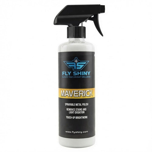 Fly Shiny Maverick sprayable aircraft aluminum metal polish, 16 oz – fast-acting spray-on oxidation remover for brightwork