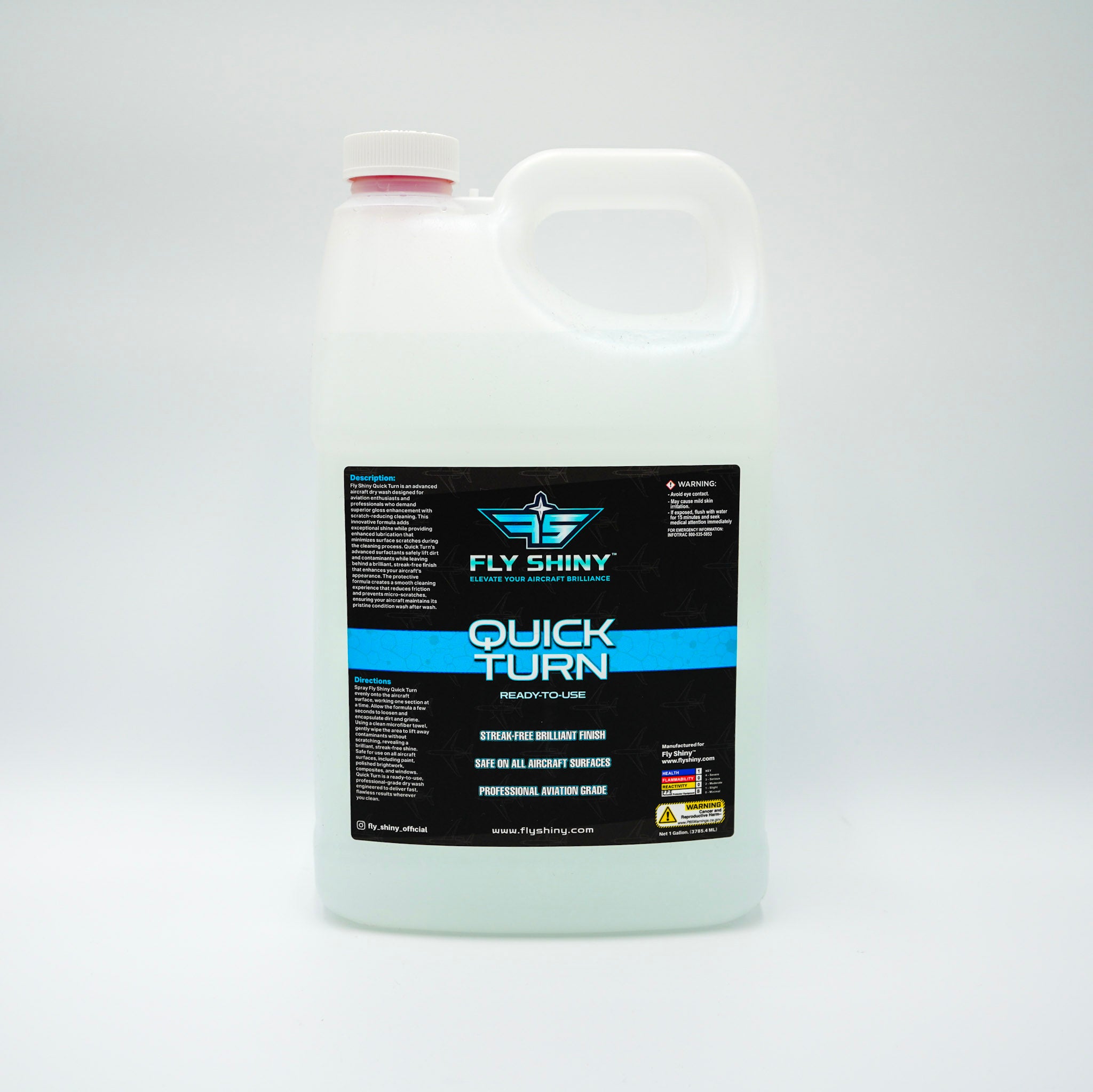 Fly Shiny Quick Turn 1 gallon waterless aircraft dry wash jug for professional aviation cleaning and detailing.